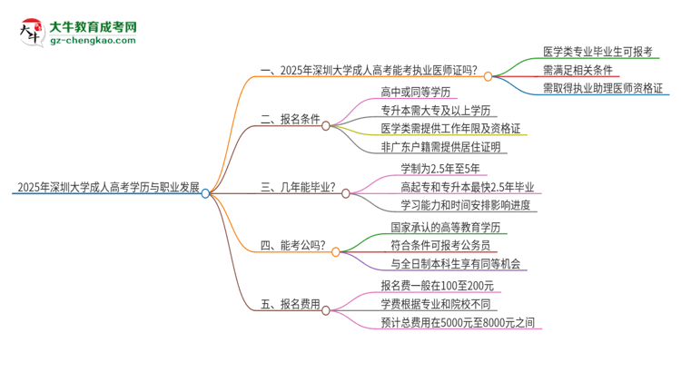 2025年深圳大學(xué)的成人高考學(xué)歷能報考執(zhí)業(yè)醫(yī)師證嗎？思維導(dǎo)圖