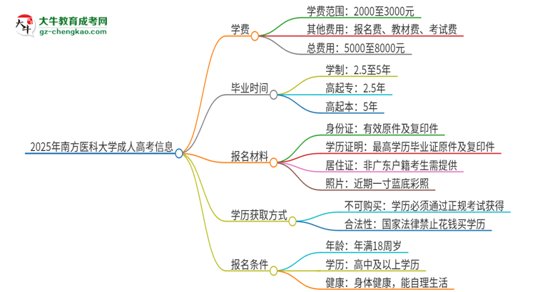 2025年南方醫(yī)科大學(xué)成人高考一年學(xué)費(fèi)要多少？思維導(dǎo)圖