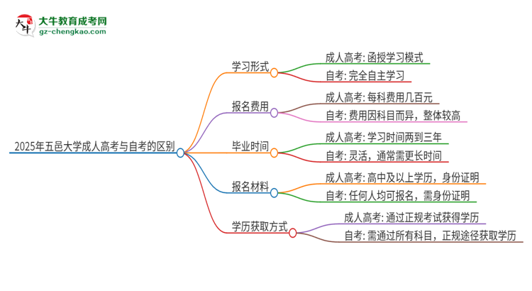 2025年五邑大學(xué)成人高考和自考有什么不一樣思維導(dǎo)圖