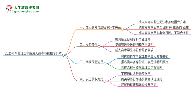 2025年東莞理工學(xué)院考完成人高考還能參加統(tǒng)招專升本嗎？思維導(dǎo)圖