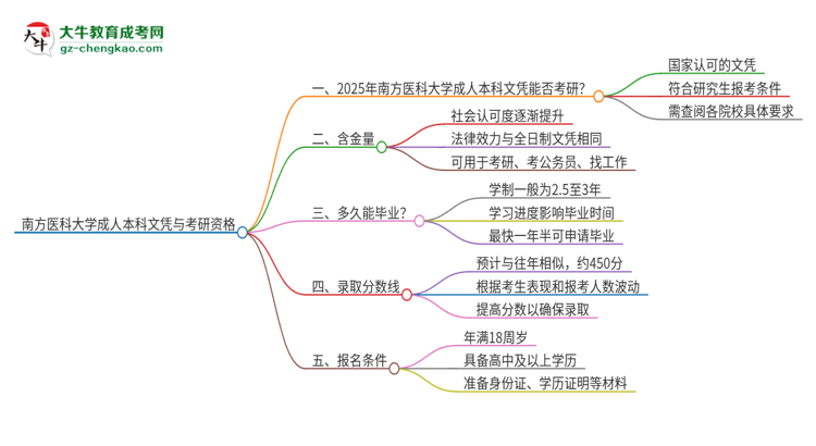 擁有南方醫(yī)科大學(xué)2025年成人本科文憑可以報(bào)考研究生嗎？思維導(dǎo)圖