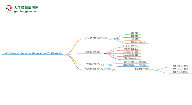 2025年廣東成人高考軟件工程專業(yè)入學(xué)考試科目有哪些？思維導(dǎo)圖