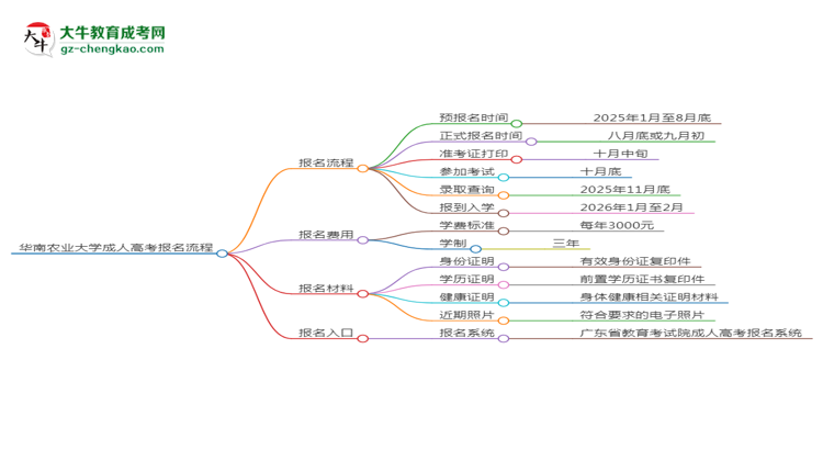 華南農(nóng)業(yè)大學(xué)成考人力資源管理專業(yè)2025年報(bào)名流程思維導(dǎo)圖