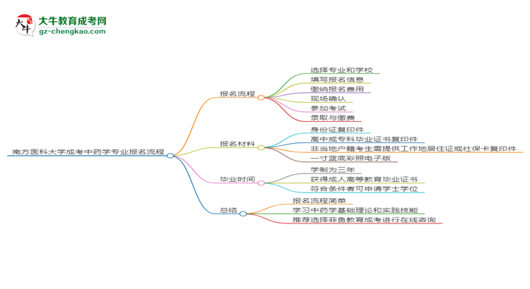 南方醫(yī)科大學成考中藥學專業(yè)2025年報名流程思維導圖