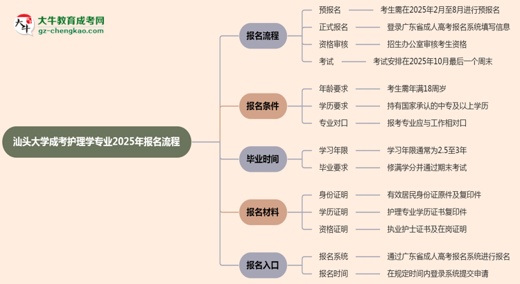 汕頭大學成考護理學專業(yè)2025年報名流程思維導圖