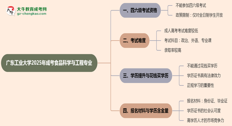 廣東工業(yè)大學(xué)2025年成考食品科學(xué)與工程專(zhuān)業(yè)生可不可以考四六級(jí)？思維導(dǎo)圖