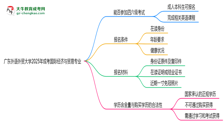 廣東外語(yǔ)外貿(mào)大學(xué)2025年成考國(guó)際經(jīng)濟(jì)與貿(mào)易專業(yè)生可不可以考四六級(jí)？思維導(dǎo)圖