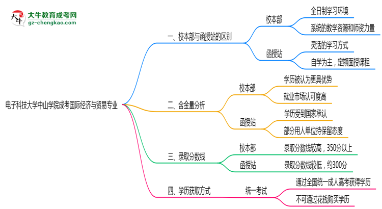 電子科技大學中山學院2025年成考國際經(jīng)濟與貿(mào)易專業(yè)校本部和函授站哪個更好？思維導圖