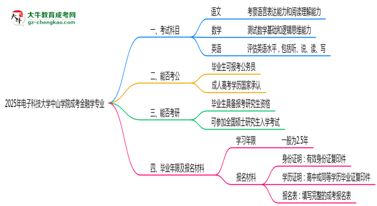 2025年電子科技大學(xué)中山學(xué)院成考金融學(xué)專業(yè)入學(xué)考試科目有哪些？思維導(dǎo)圖