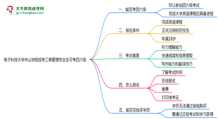 電子科技大學(xué)中山學(xué)院2025年成考工商管理專業(yè)生可不可以考四六級？思維導(dǎo)圖