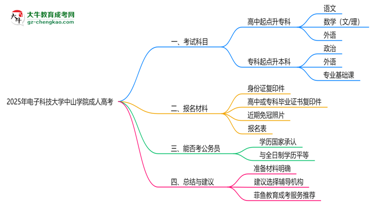 2025年電子科技大學(xué)中山學(xué)院成人高考入學(xué)考試科目有哪些？思維導(dǎo)圖