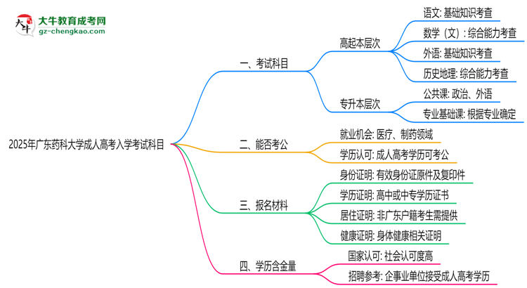 2025年廣東藥科大學(xué)成人高考入學(xué)考試科目有哪些？思維導(dǎo)圖