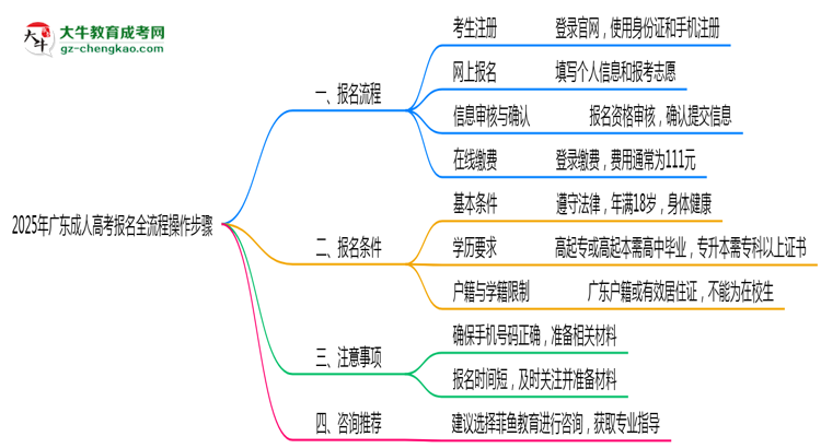 廣東2025年成人高考報(bào)名全流程操作步驟圖文指引思維導(dǎo)圖