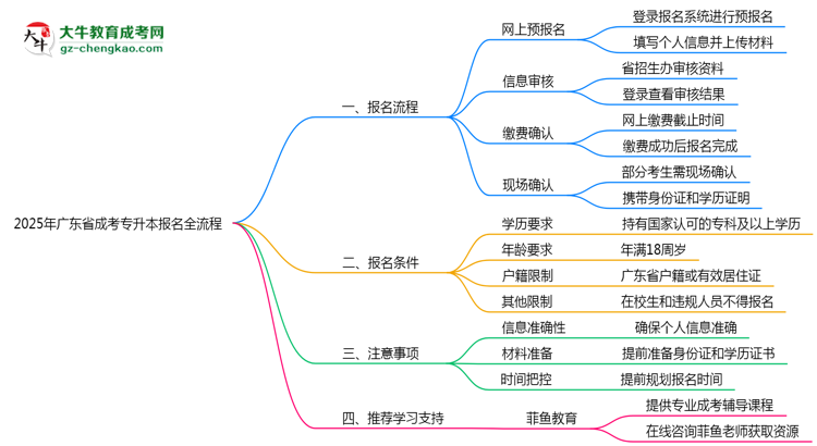 2025年廣東成考專升本網(wǎng)上報名全流程步驟解析思維導圖